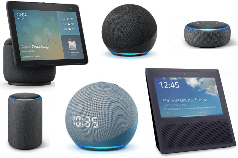 Man sieht verschiedene Geräte der Amazon Echo-Serie vor einem weißen Hintergrund.